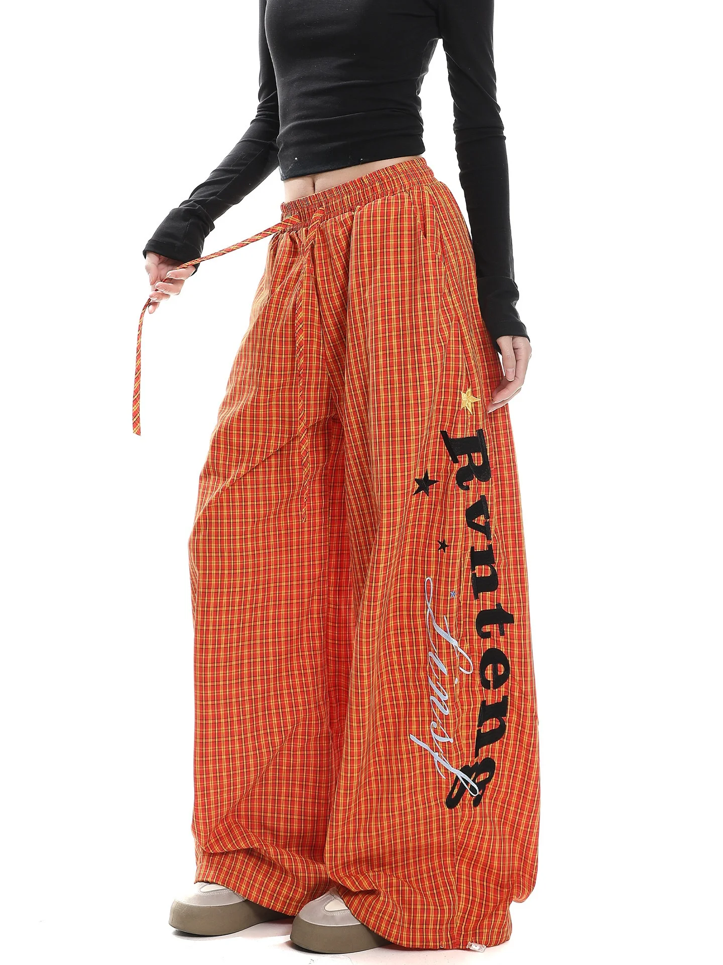 American Retro Street Check Wide Leg Pants Women's Spring New Loose High Waist Slim Letter Print Casual Long Trousers