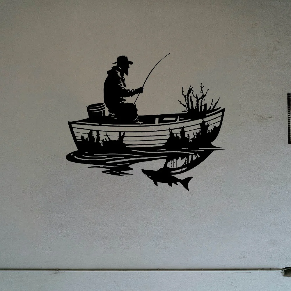 Escultura de pared de metal forjado a mano - Arte náutico abstracto con diseño de pescador y barco - Decoración moderna costera para sala de estar