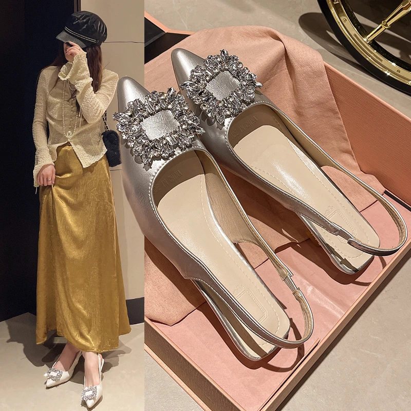 

Women Stiletto Heel Pointed Toe Shoes New Summer Rhinestone Square Buckle Back Hollow Baotou Sandals for