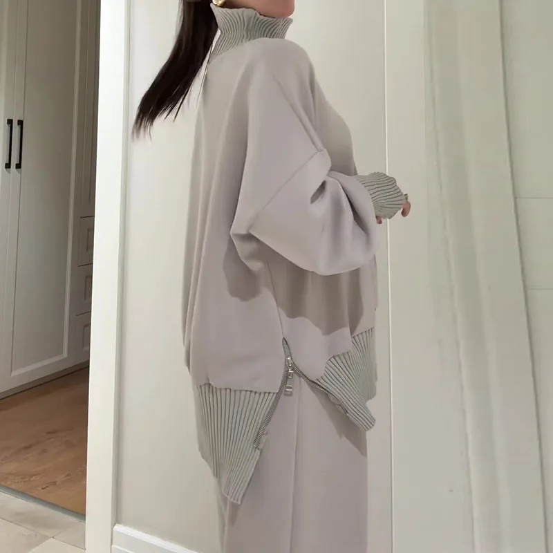 

Новый зимний теплый однотонный повседневный свободный комплект из двух предметов, женская водолазка, пуловер с длинными рукавами, топ и брючный костюм