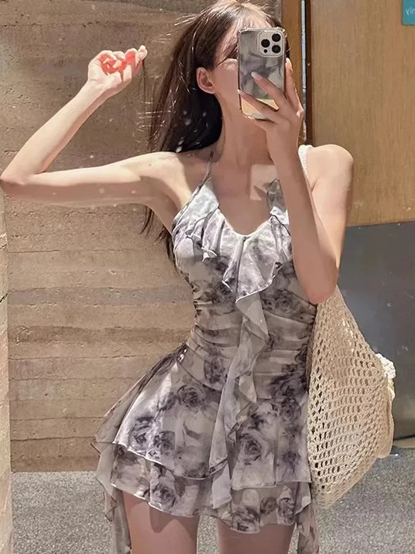 

Conservative Korean Sle Swimsuit Women's Skirt Design Slimming Ins Sle Small Chest Gathered Hot Spring Vaion...