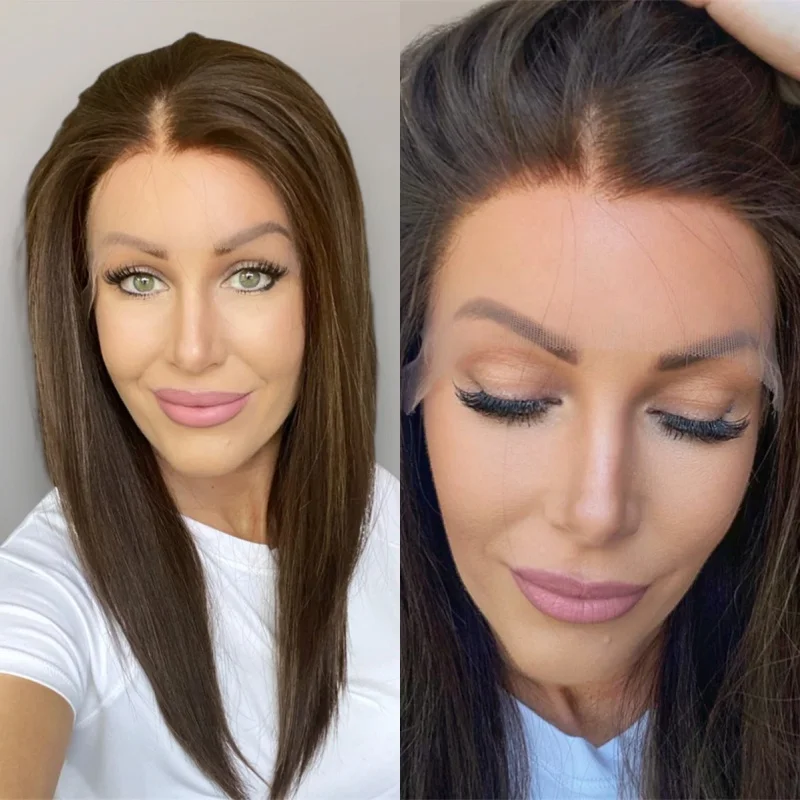 

16 Inch Straight Bob Ombre Brown Highlight Wig High Quality Synthetic HD Lace Front Wig Glueless Preplucked Hairline for Women