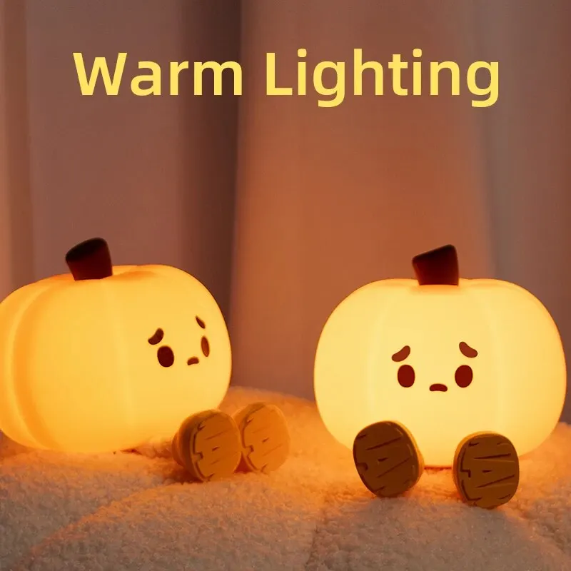 AmmToo LED Night Lights Cute Pumpkin Soft Silicone Lamp USB Rechargeable Timing Bedside Atmosphere Decoration Lights