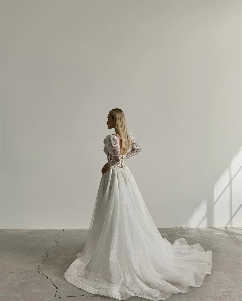 Customized Elegant Long Sleeve Sparkle Wedding Dress With Sweetheart Neckline And Sequins Ball Gown Floor Length A-line G