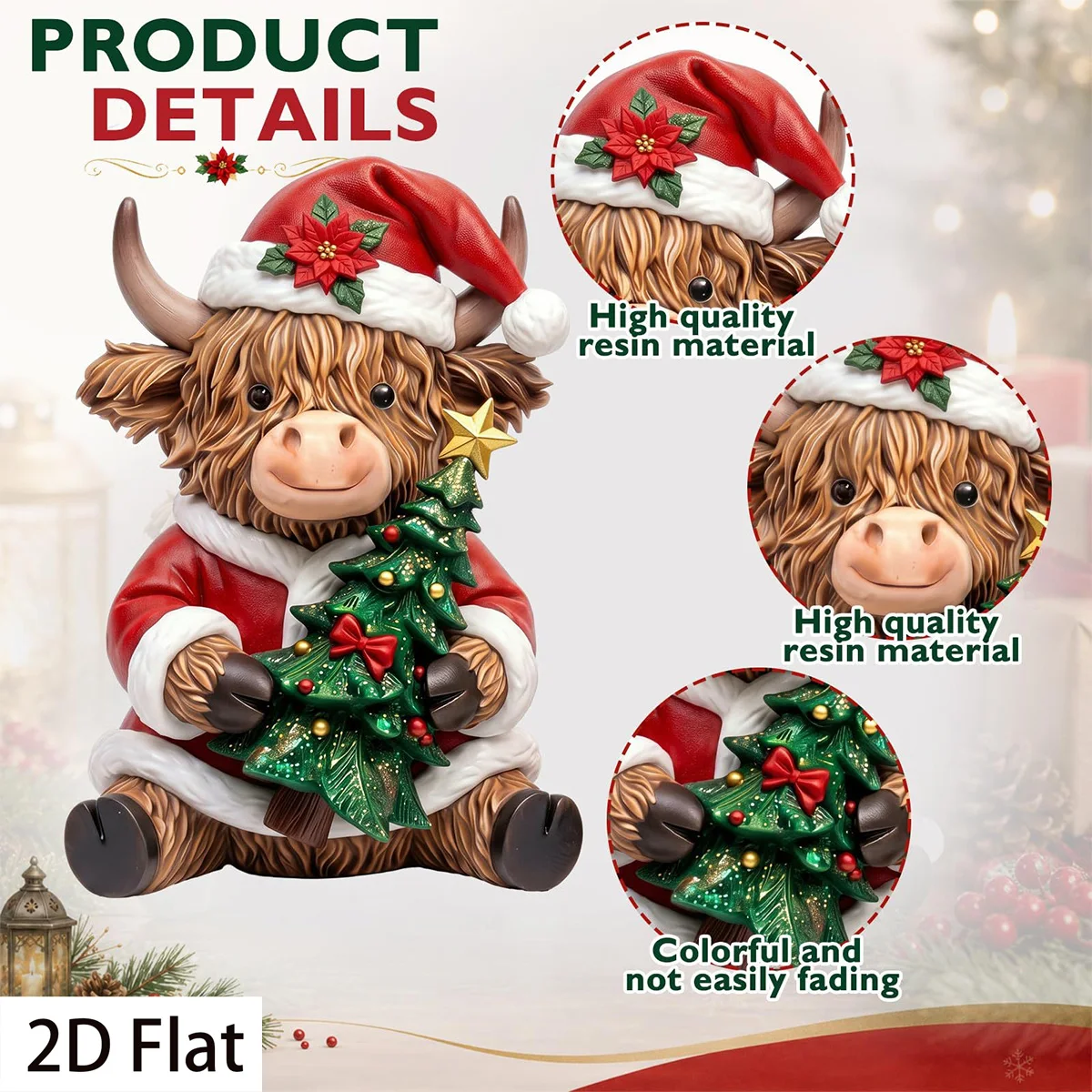 2-Piece Set, Christmas Gingerbread Highland Cow Ornaments, Hat Wreath Christmas Tree Highland Cow Wooden Tabletop Decoration, Gingerbread Man Bowknot Christmas Highland Cow Statue, Suitable for Living Room, Bedroom, Fireplace Mantel, Desk Decoration