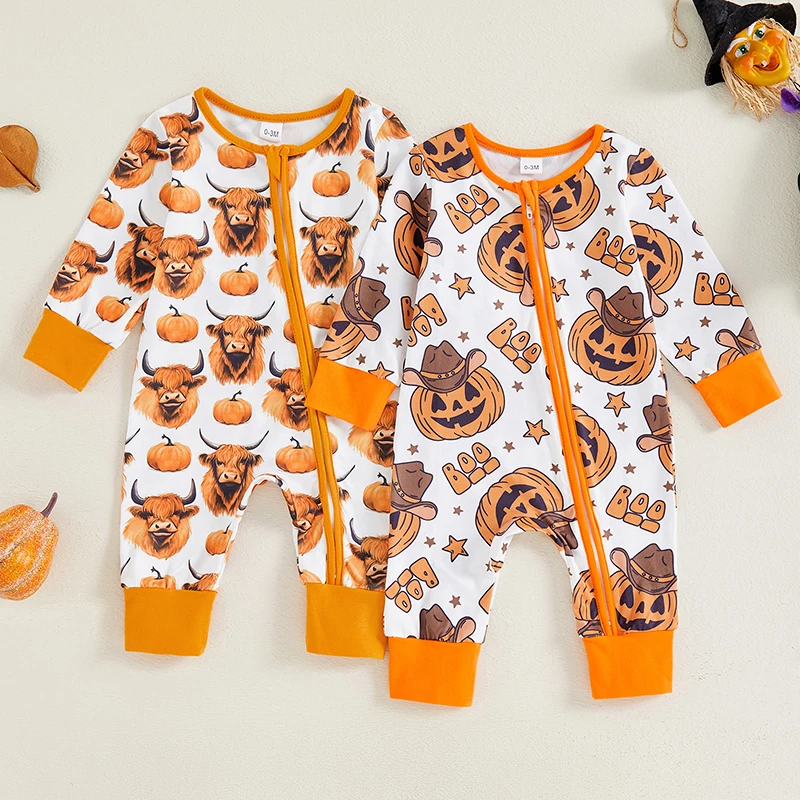 2024-05-29 Lioraitiin Baby Girls Boys Rompers Halloween Clothes Pumpkin/Cow Print Crew Neck Long Sleeve Toddler Fall Bodysuits