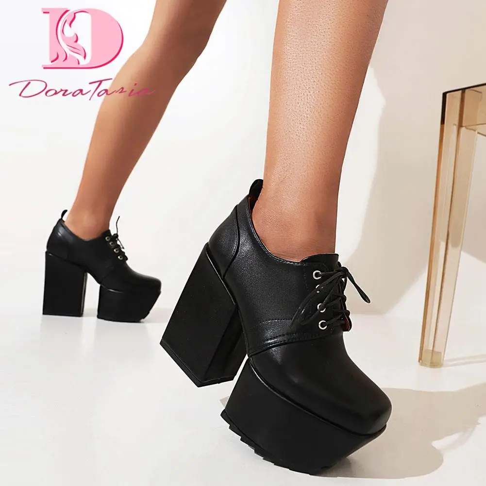 DoraTasia Hot Sale Women Pumps Black Chunky High Heels Platform Lace-up Spring Autumn Square High Heels Concise Big Size 35-46