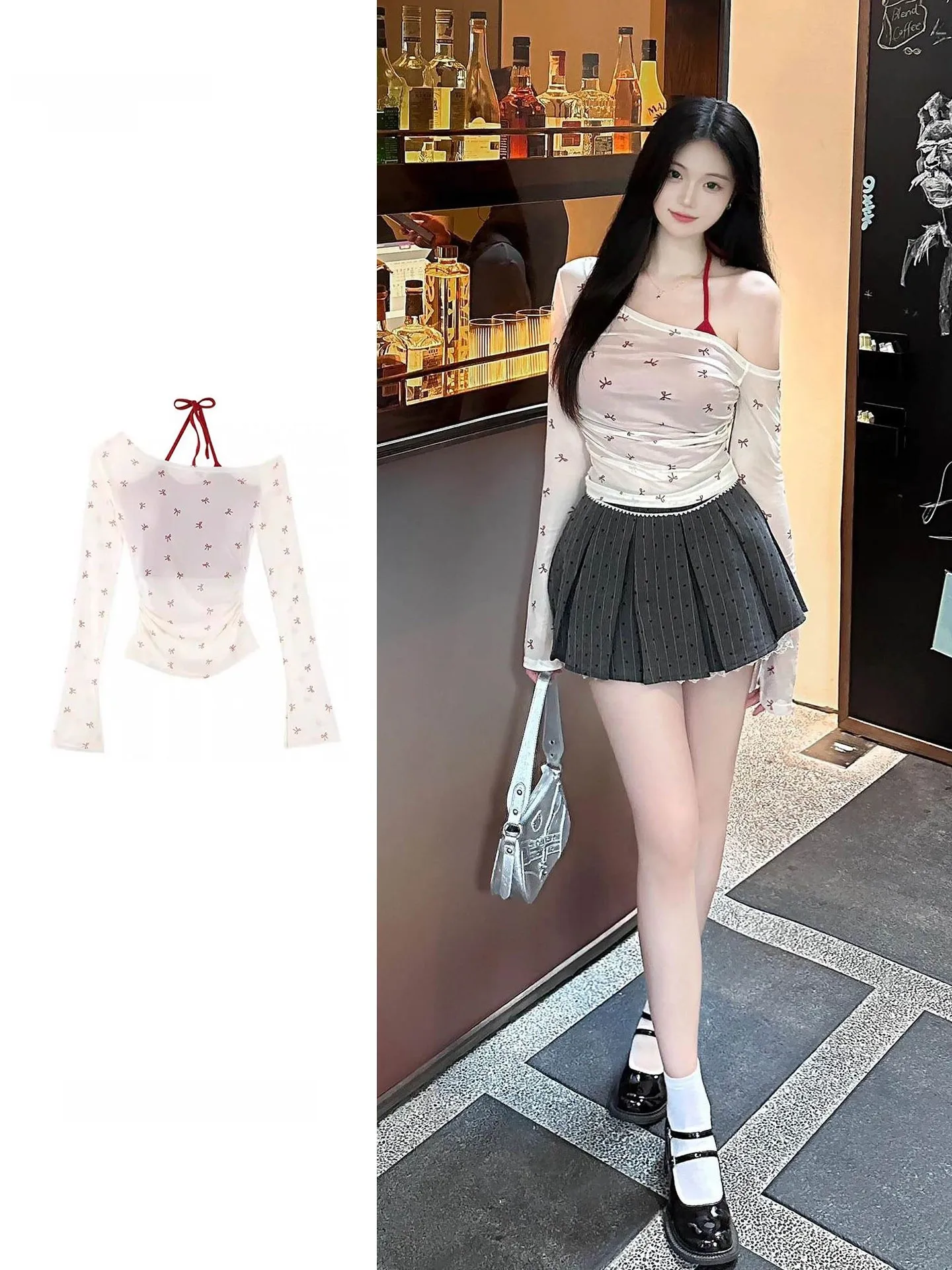 

plus Size Shoulder Bared T Shirt Women Spring Summer Sexy Spicy Slim Fit Printed Semi Transparent Crew Neck Long Sleeve Top