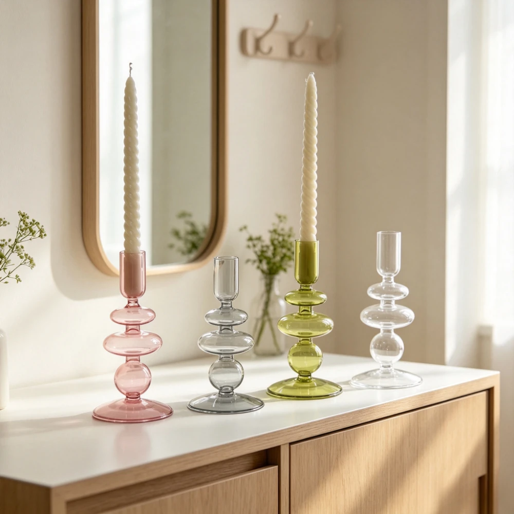 Nordic Style Glass Candlestick Transparent Colored Bubble Design Candle Holder Romantic Home Table Aesthetic Decoration