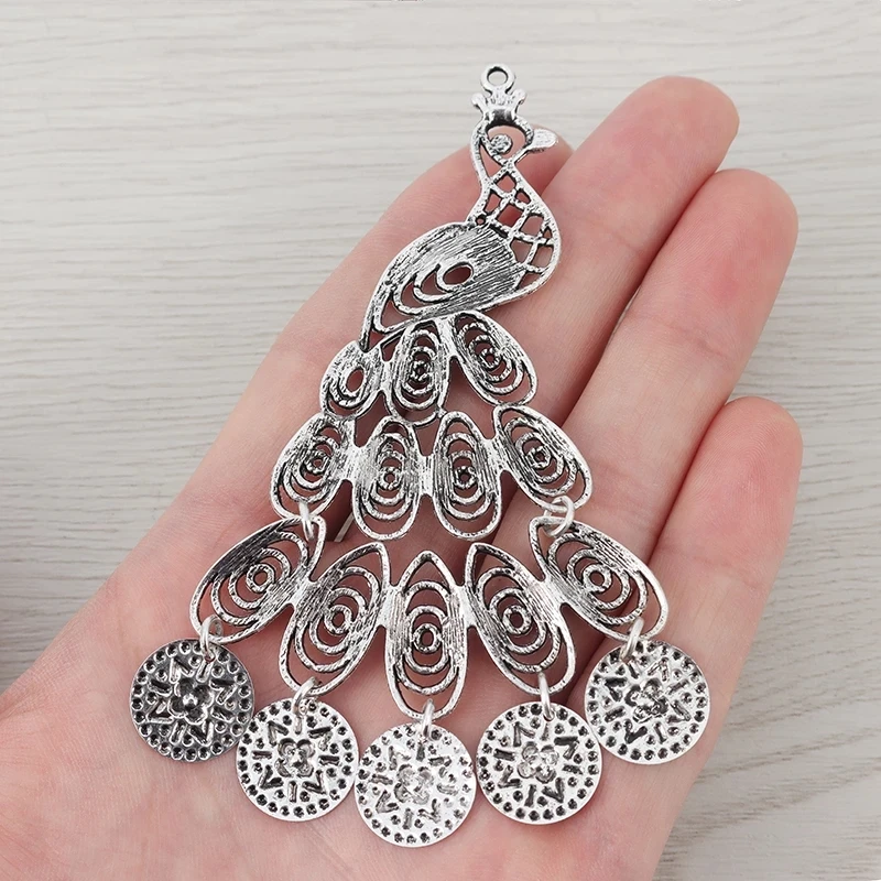 3 x Large Tibetan Silver Large Filigree Peacock Charms Pendants for Necklace Jewelry Making Accessories 105x75mm