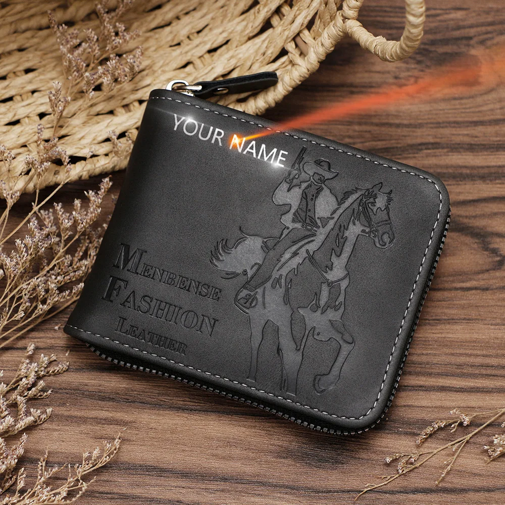 

New Short Men Wallet Name Engraving Card Bags High Quality Simple Male Purses Large Capacity Zipper Coin Pocket Men Card Holder