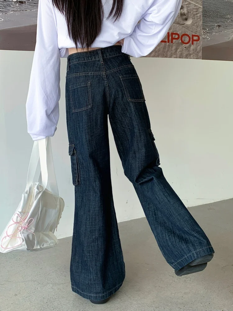 2024 Cyber Y2K Fashion Washed Dark Blue Baggy Cargo Jeans Pants For Women Clothes Multi Pockets Distressed Lady Denim Trousers