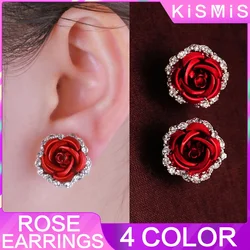 Rose Shaped 4 Color Alloy Rhinestone Stud Earring Rose Ear Clip StonegoWomen's New Silver Plated Crystal Roses Stud Earrings