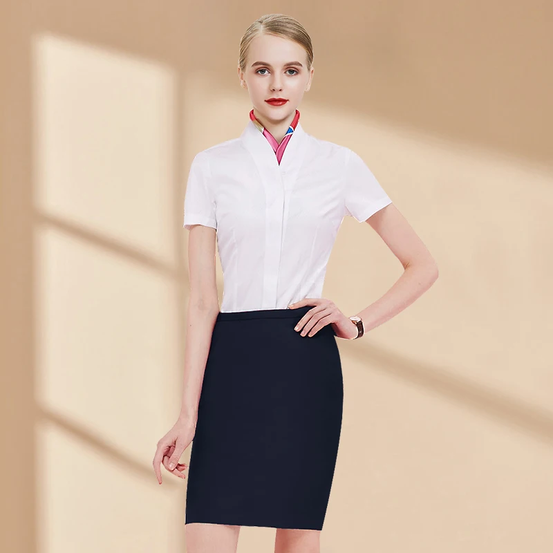 

Комплект униформы стюардессы: белая рубашка с V-образным вырезом, профессиональная рабочая одежда для женщин, для авиационных экзаменов и собеседований