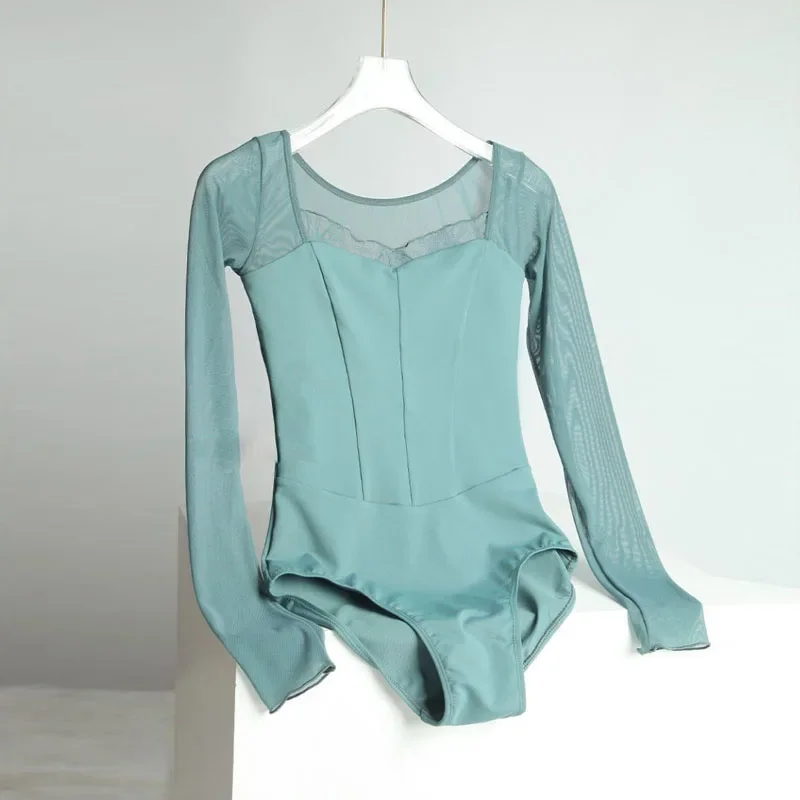 Splice Lace Collar Ballet Dance Leotard Yoga Gymnastics Bodysuit Long sleeves Solid Black Girls Dancewear Women Ballet Leotards