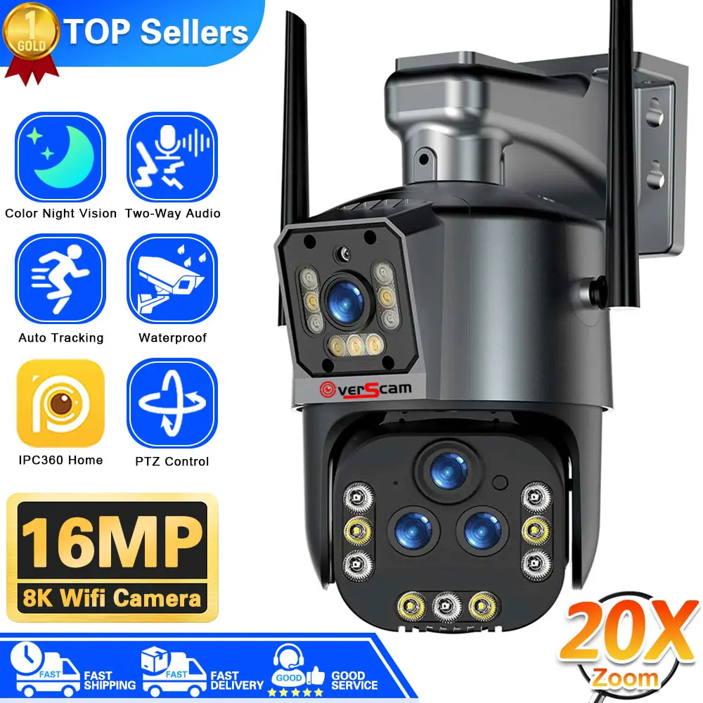 

8K 16MP HD Wifi PTZ Camera Outdoor 20X Zoom Four Lens Dual Screen AI Auto Tracking IP Camera CCTV Audio Video Surveillance P2P