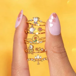 Mixed Design Cubic Zirconia Ring For Women Gold Plated Candle Teapot Rose Flower Adjustable Finger Ring Party Wedding Jewelry