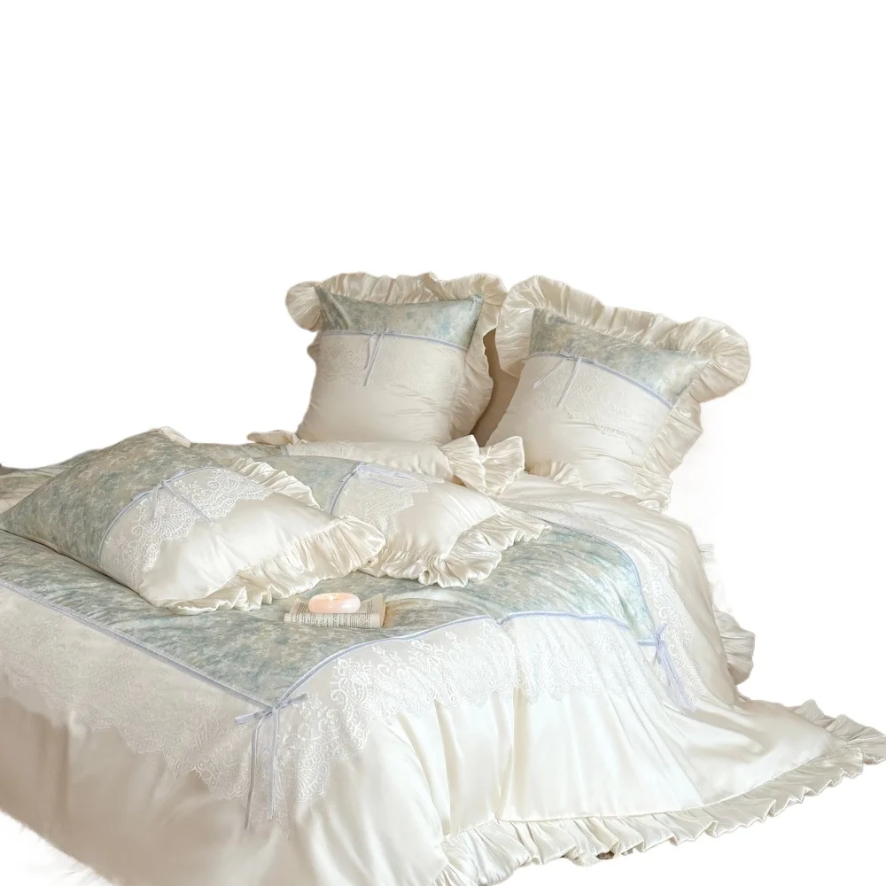 Romantic small and fresh Class A 100S Tencel cotton four-piece set, cool and soft lace quilt cover in summer, bed cover