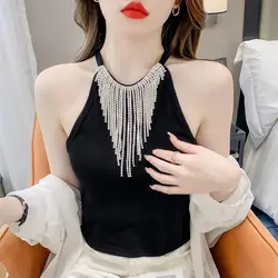 Fashion Sexy 2024 Summer New Women's Solid Color Diamonds Short Spliced Off Shoulder Sleeveless Versatile Camisole T-shirts Tops