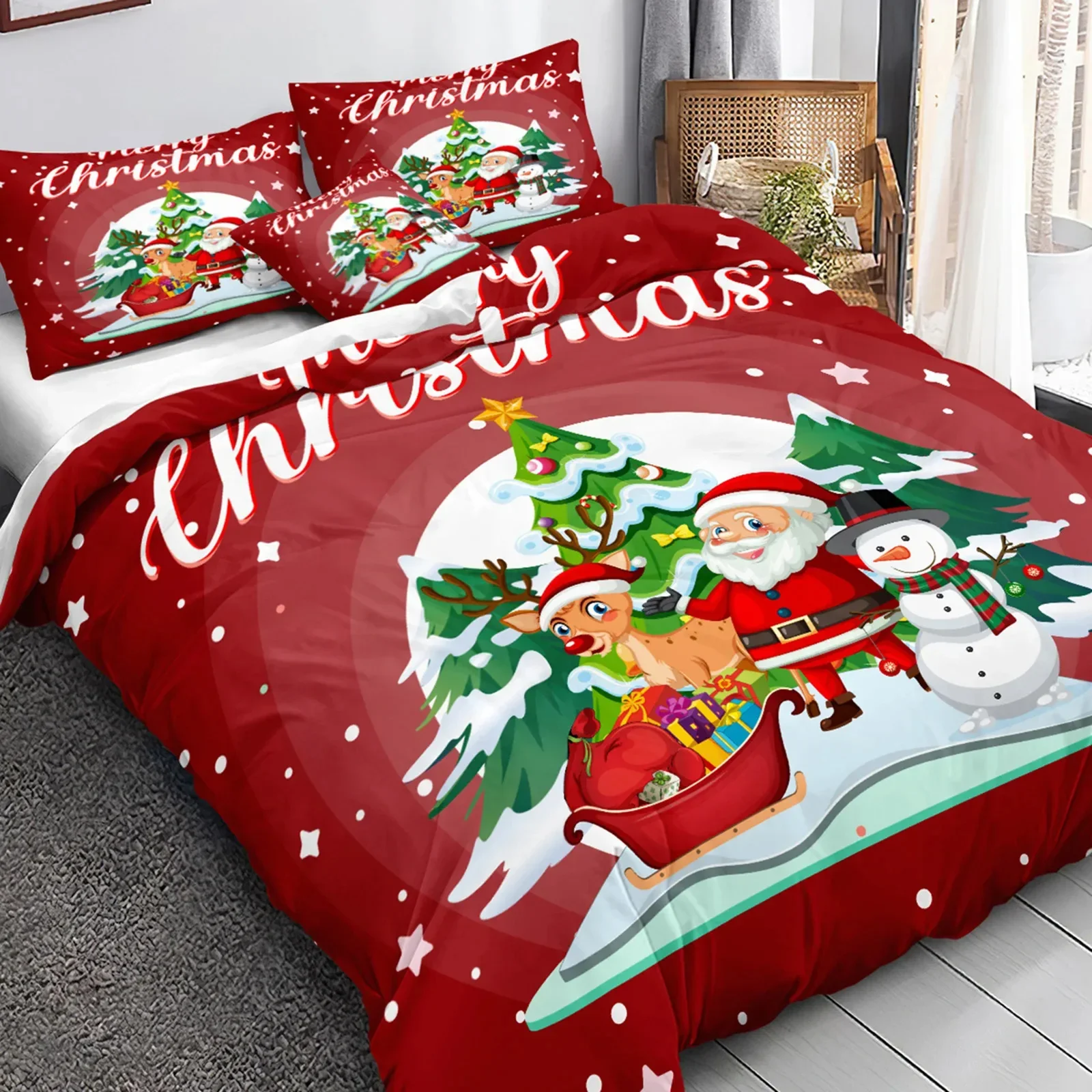 3PCS Single-sided Christmas Printed Comforter Bedding Sets Comfortable Bedspreads Comforter Duvet King Bedding Birthday Gift