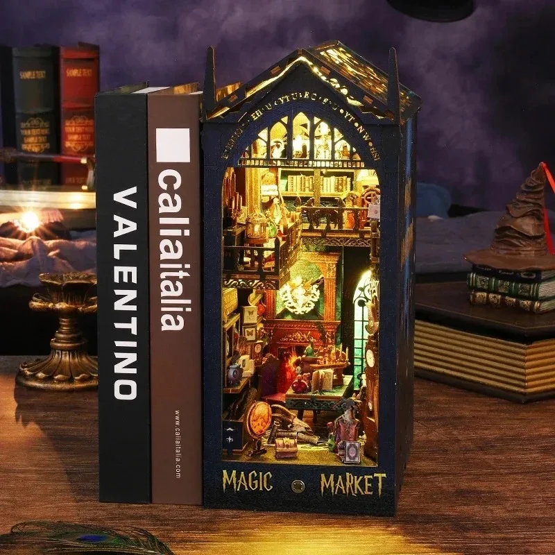 DIY Book Nook Shelf Insert Kit Magic Market Bookend Miniature Dollhouse 3D Puzzle Assembly Model for Adults Birthday Gifts Toys