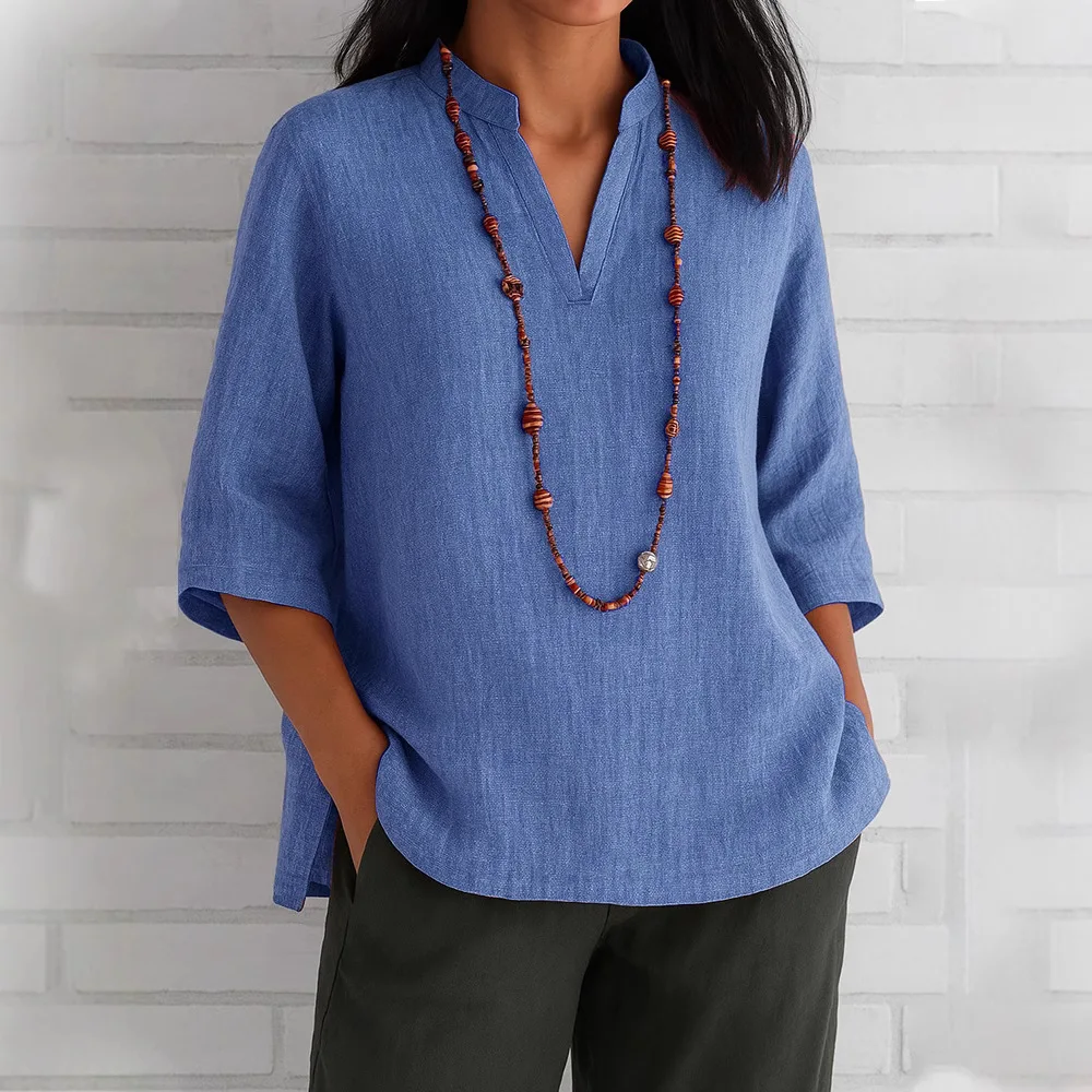 

2025 New Summer European American Women's V-Neck Seven-Sleeve Cotton Linen Loose Casual Shirt