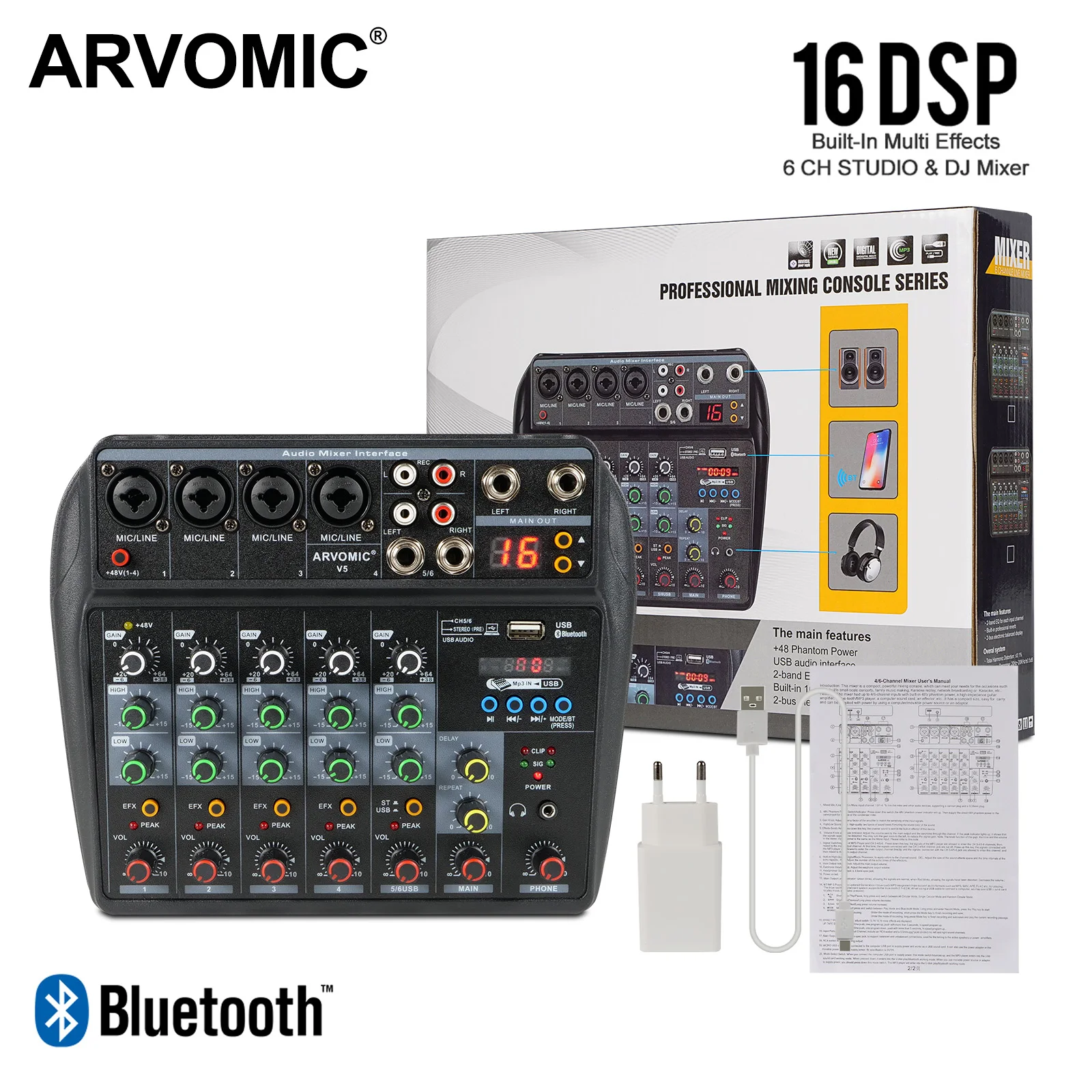 

6 Channel Audio Mixer (V5) with USB&Bluetooth Function, 16 DSP, 2-Band EQ, Ideal for Home Recording, Live Streaming and Karaoke