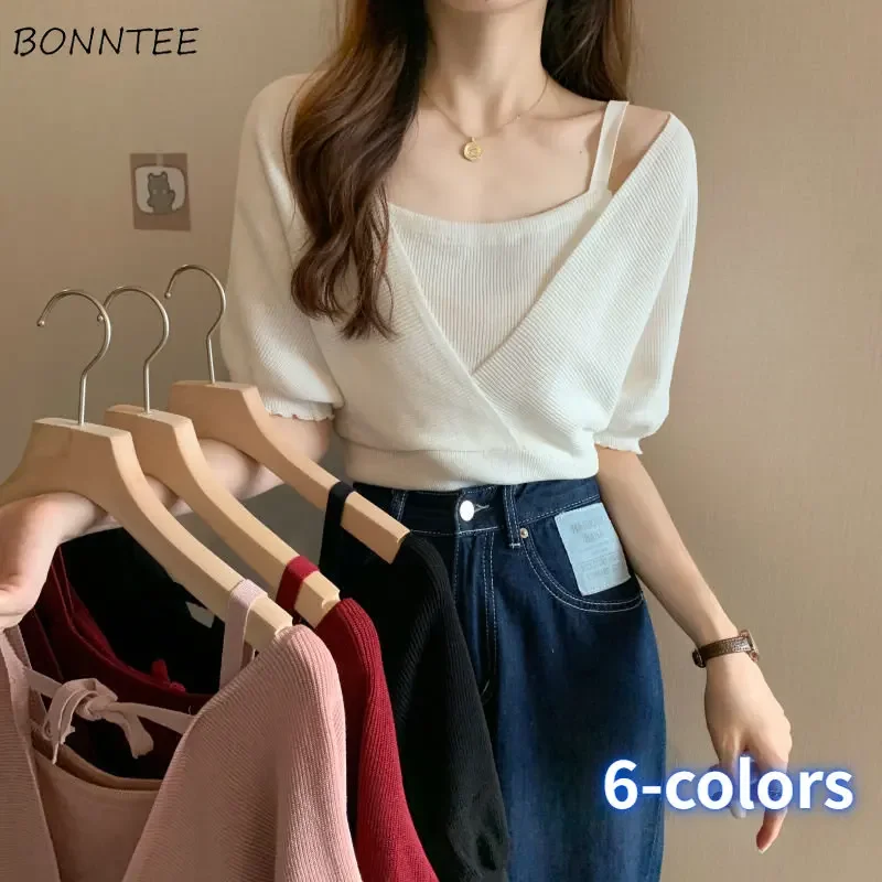 

Fake 2 Pcs Pullovers Women Temper Female Casual Vintage Backless Popular Korean Style 6-colors All-match Harajuku Solid Gentle