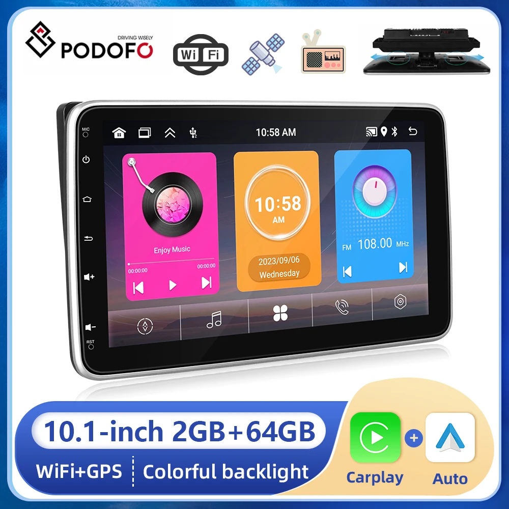 Podofo 2din Android Car GPS Radio Multimedia Player 10.1''Manually Adjustable Screen Carplay Android auto WIFI Bluetooth FM