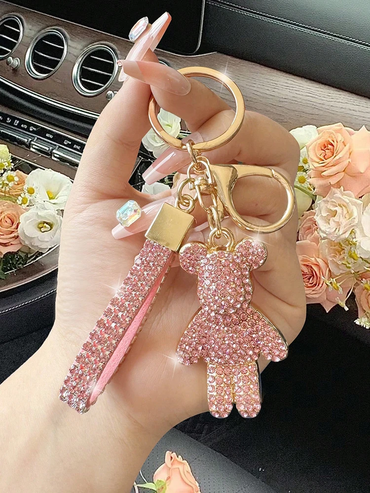 Fashionable men\'s and women\'s full diamond pink/orange/white teddy bear keychain exquisite women\'s sense of luxury car keychain