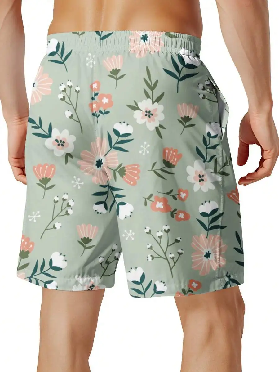 

Floral Print Quick Dry Mens Board Shorts With Elastic Waist Drawstring