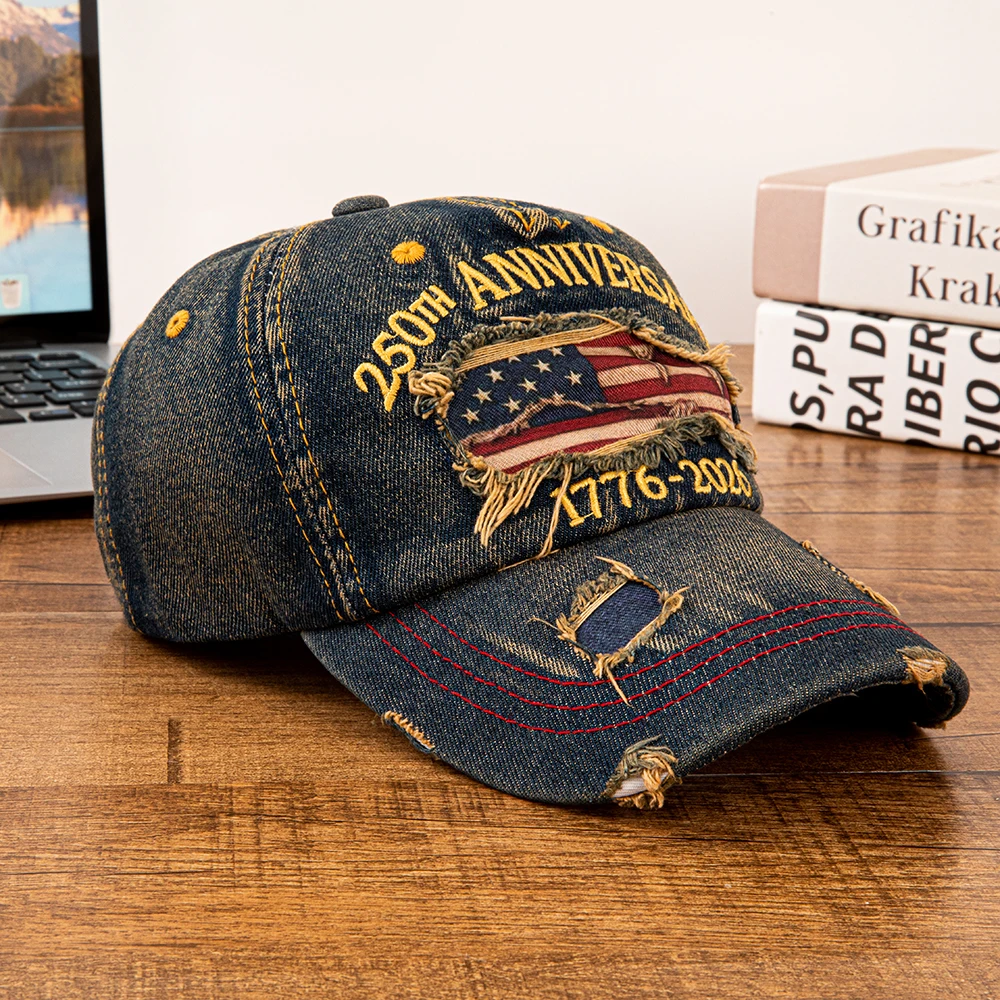 2026 Neue 250. Jubiläums-USA-Flagge Distressed Denim Baseballkappe, Unisex Verstellbare Vintage Trucker-Mütze – Detail 3