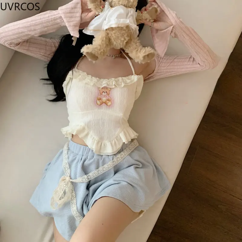 Summer Sweet Korean Three Piece Set Women Kawaii Bear Camis Tops Blue Elastic Waist Mini Skirts Japanese Cute Lolita Skirt Suit