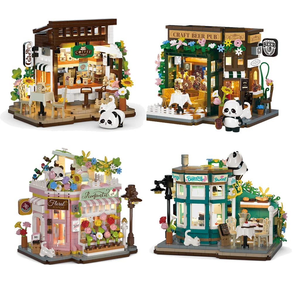 

Panda Street View Building Blocks 3D DIY Tavern Bakery Coffee Flower Shop Architecture Bricks Model Toys For Kids Santa Gift