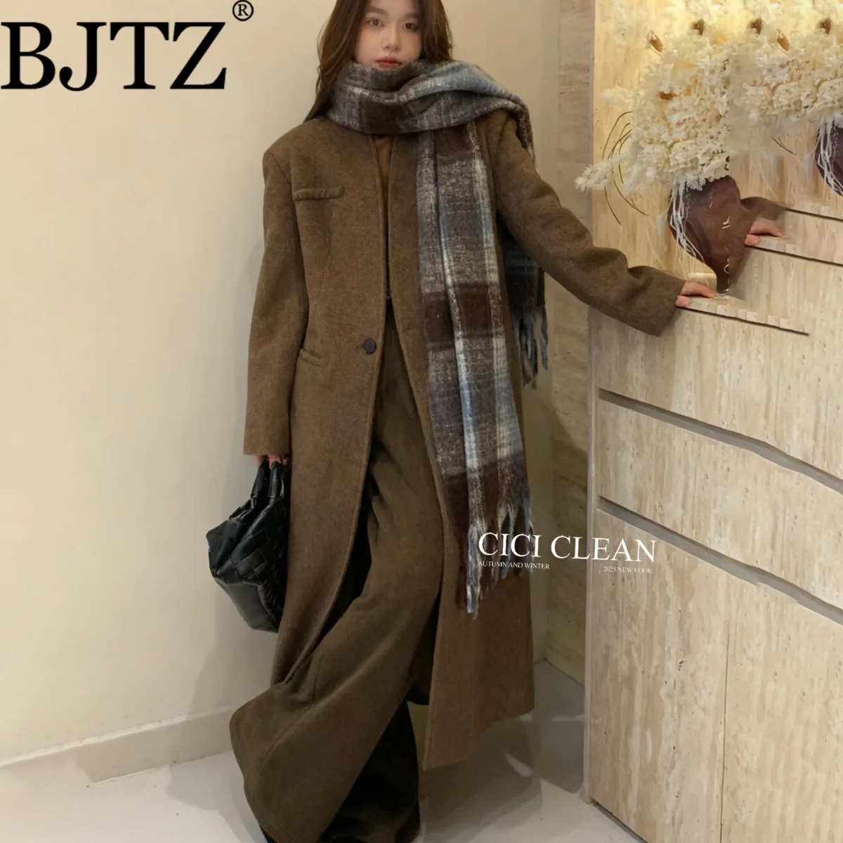 

BJTZ женское шерстяное пальто на одной пуговице, осенне-осенняя элегантная минималистичная повседневная верхняя одежда премиум-класса, удобное высокое качество 25