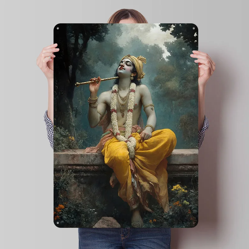 Krishna spielt Flöte Blechplakette Poster Personalisierte Retro-Wandkunst Vintage Metallschilder zur Raumdekoration Wohnungsdekoration Gemütlich