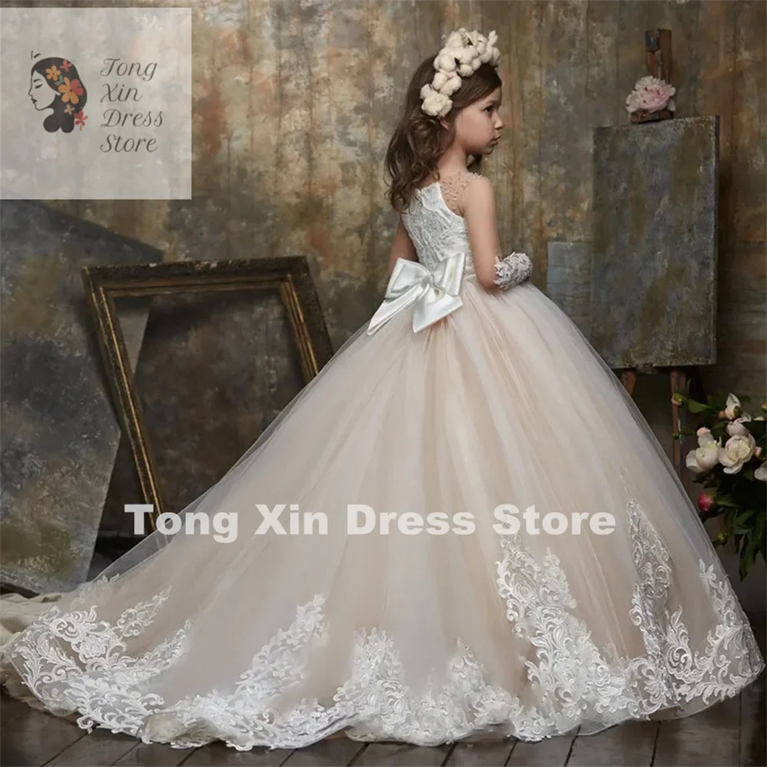 Flower Girl Dresses Luxurious Sleeveless Tulle Lace Applique Kids Evening Gowns For Girls First Communion Girl Dress