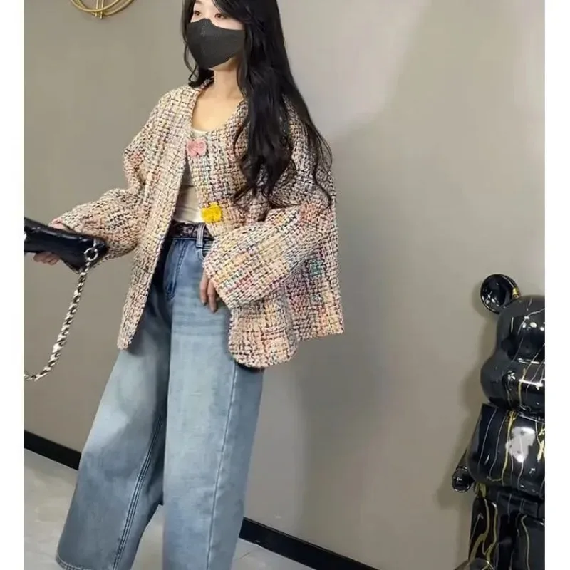 

Fashionable Round Neck Long Sleeve Pink Tweed Jacket Women's 2025 New Autumn Button Splicing Cardigan