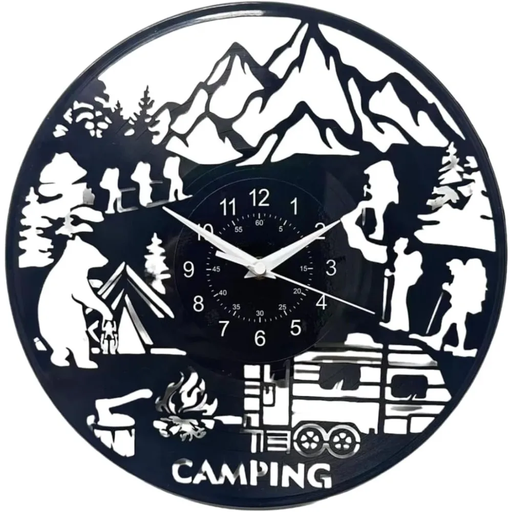 Camping Theme Vinyl Record Wall Clock Mountain Outdoor Design Home Decoration Living Room Garage and Camper Gift Wall Watch
