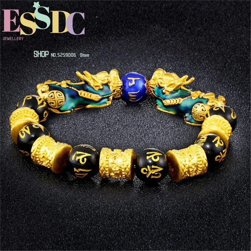 Vietnam Sand Gold Double Thermochromic PiXiu Charm Bracelet 12mm Natural Six Words Onyx Beads Fashion Men Jewelry Gift Dropship