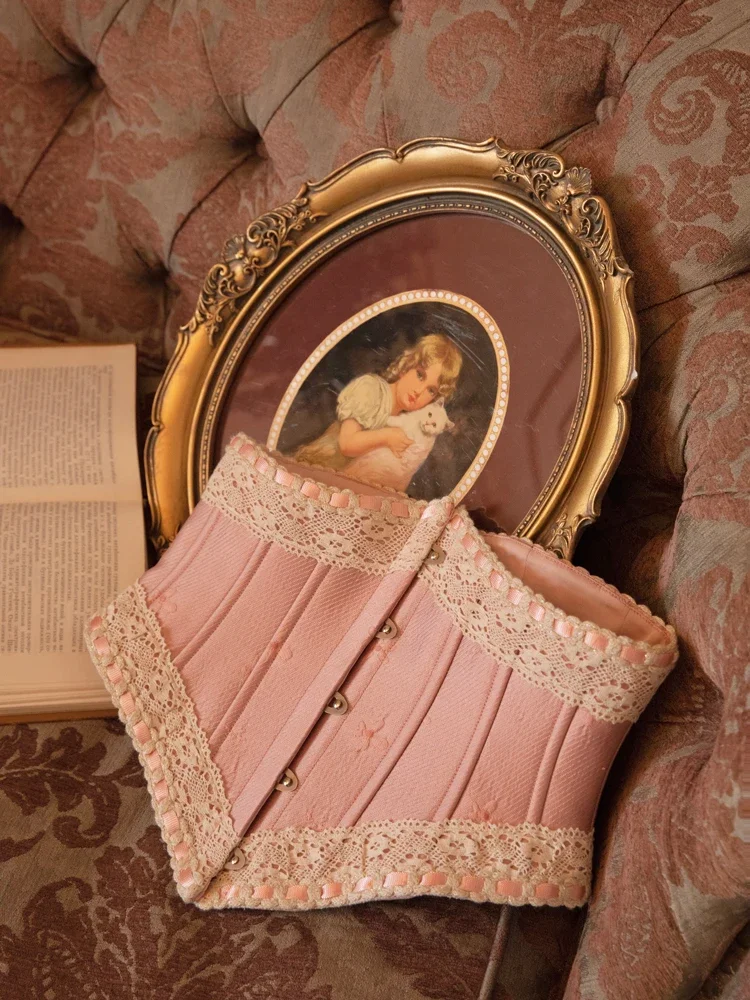 

Short Pink Jacquard Embroidery Floral Lace Underbust Corset Palace Princess Lolita Bustier Control Waist Trainer Top