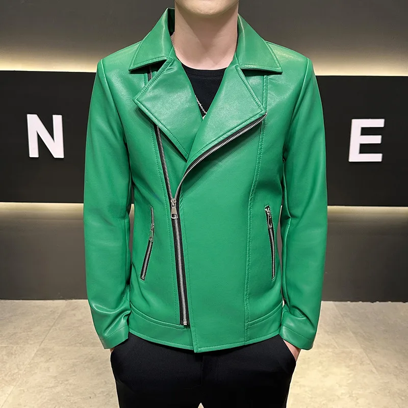 

Зеленая диагональная молния с лацканами из искусственной кожи, мужские уличные мотоциклетные пальто, модные мужские модные уличные топы