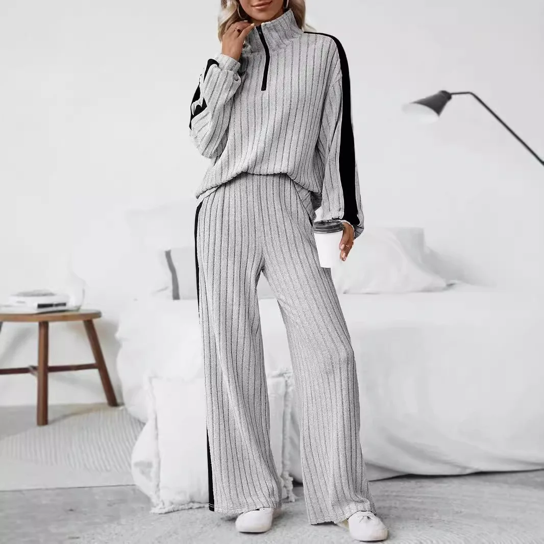 

Women's Ribbed Sports Set Lapel V-neck Zipper Top Casual Fashion Solid Color Autumn and Winter Women's 2-Piece Set Women's Set