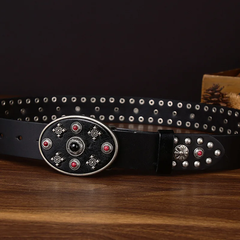 Top Layer Rivet Punk Male Belt Genuine Leather Belts Novelty Designed Personally Gift for Man Geometry Decoration for Jeans