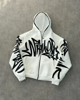 High Street Harajuku Retro Letter Graffiti พิมพ์ซิป Hoodie ผู้ชาย Y2k Gothic Hip Hop Punk Casual ขนาดใหญ่เสื้อกันหนาวผู้หญิง