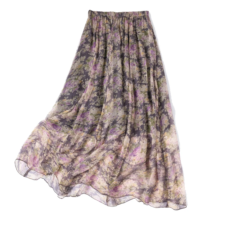 100% Mulberry Silk Women Skirt Purple Rose Floral Printed A-line Long Type Skirt With Lining Summer Beach M1523