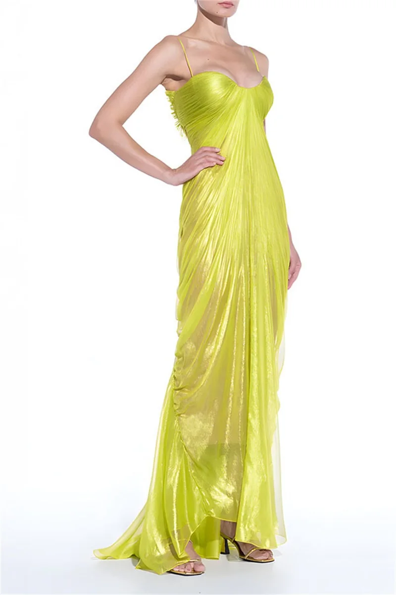 Sexy Yellow Green Prom Dress Lace Up Back Sleeveless Long Ruffles Party Gown Casual Hot Girl Formal Wedding Birthday Robe