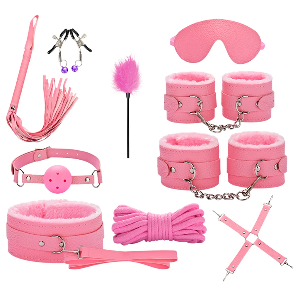 Blindfold 10Pcs/Set Sexual Bondage Handcuff Whip Adult Couple Sex Toys Tools Set Erotic Sex Toys For Adult Leather BDSM Kits