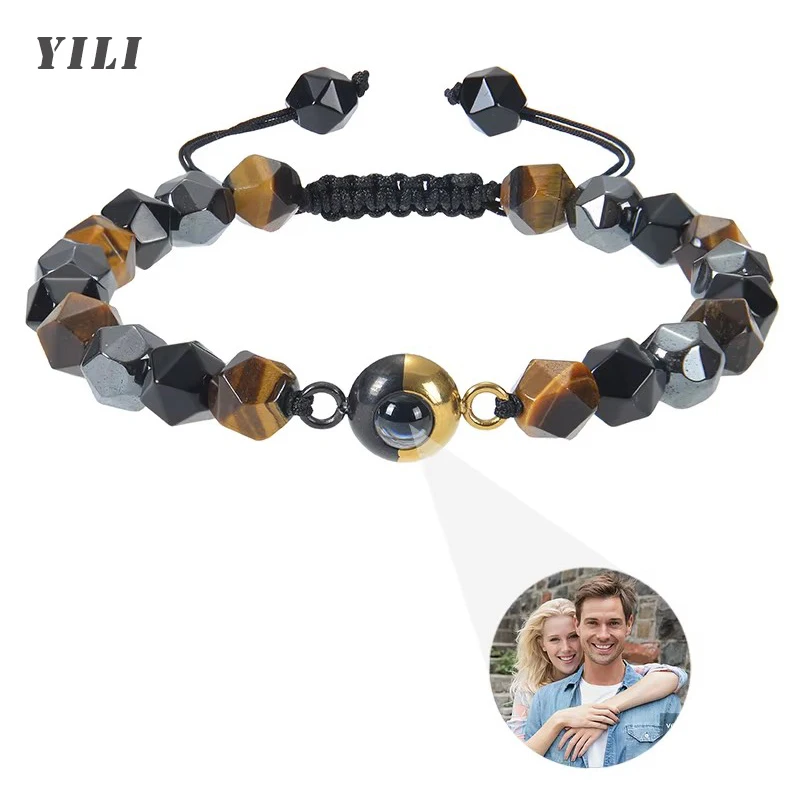 Natural Stone Tiger Eye Beads Bracelets Personalized Photo Projection Bracelet for Men Custom Picture Bracelet Personalized Gift