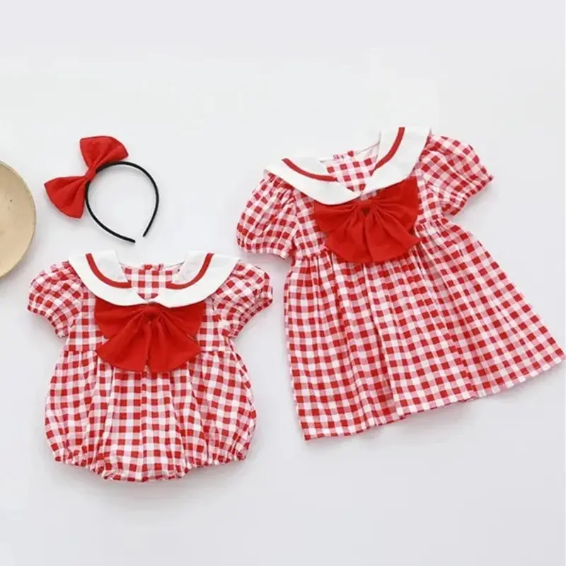 

2pcs Baby Girls Clothes Little Girl Plaid One Piece Dress Newborn Infant Romper Jumpsuit Cute Children Sister Matching Outfits